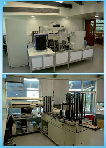 Figure 4. High-throughput chemical screening facilities at the Bundoora site. (A) The installed and commissioned Zymark Mini Staccato system and (B) the Perkin Elmer Minitrak IX at the WEHI laboratories.