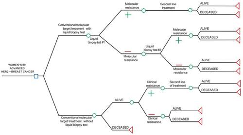 Figure 1 Tree decision model for cost effectiveness evaluation of liquid biopsy (ctDNA) testing to determine treatment change in women with HER2-positive advanced breast cancer in Colombia.