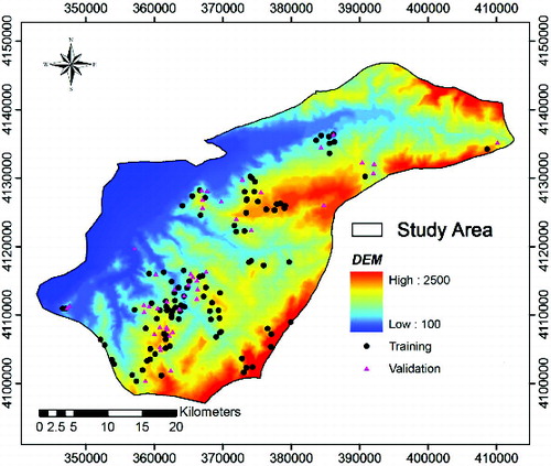 Figure 1. Forest fire location (black and pink dots) map in the study area. Modified from Pourtaghi et al. (Citation2014). To view this figure in colour, please see the online version of the journal.