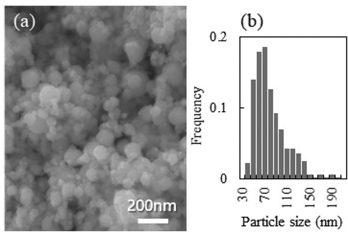 Figure 10. Sm-Co nanoparticles synthesized by low-oxygen thermal plasma system. (a) SEM image and (b) particle size distribution [59]