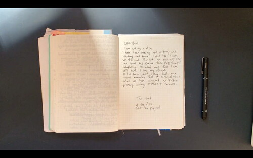Figure 8. Initial written reflections in the journal while making the film – about making the film – that appear in the film.