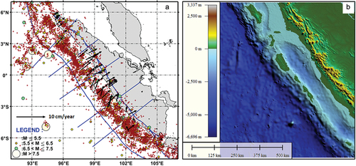 Figure 1. The distribution of shallow earthquakes with depths less than 50 km during 1963–2016 (Tim Pusat Studi Gempa Nasional-Citation2017(The 2017 PuSGeN), 2017) and the pre-seismic GPS data based on Triyoso et al (Citation2020, Citation2021, Citation2022). study and also the zones (I-VI) as mentioned by Shamim et al. (Citation2019). Figure 1b. the bathymetry data used in the tsunami simulation is based on geometric data provided by the General Bathymetric Charts of the Oceans (the GEBCO version 11.1, September 2008) and the digitised Nautical Chart of the Centre for Hydrographic Office (Pushidrosal) Indonesian Navy. The data are originally gridded on 1’arc (~1854 m) and have been resampled at 30’’ (~927) spatial resolution.