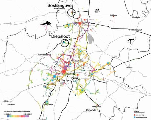 Figure 3. Map of participants in a 2016 study collecting VGI on everyday mobility in the Gauteng City-Region, in which the color of pathways corresponds to income on a color gradient. Major established centralities like the CBDs of Johannesburg (red) contrast with emerging popular centralities for marginalized populations like Diepsloot (orange) and illustrate the continued disconnect between social groups in the GCR