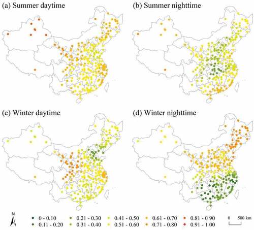 Figure 5. Spatial distribution of the local R2 values revealed by GWR models: (a) summer daytime, (b) summer nighttime, (c) winter daytime, and (d) winter nighttime.