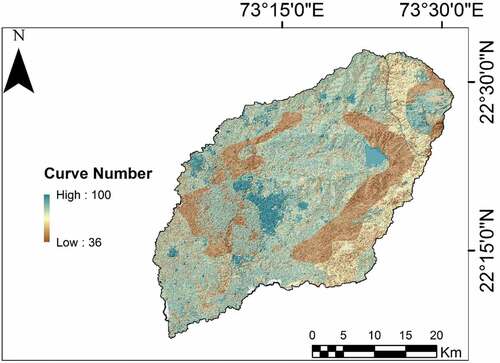 Figure 11. Variation of curve number across the Vishwamitri watershed.