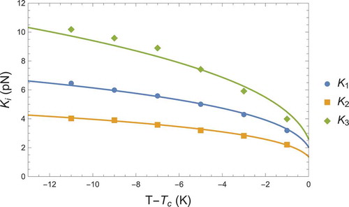 Figure 2. Elastic constants versus temperature for 5CB. Data points from [Citation26] are shown in symbols and the curves are from EquationEquation (12)(12) K1=(2L1+L2)q2−23L3q3,K2=2L1q2−L3q3,K3=(2L1+L2)q2+43L3q3.(12) using the values for Li shown in Table 2 and using the values of q from the power law fit with parameters in Table 1.