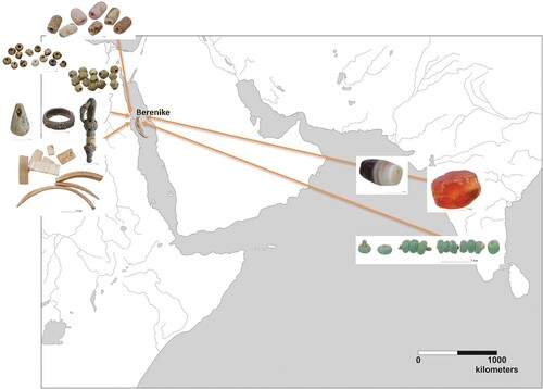 Figure 13. Map illustrating the provenance of ornaments from Berenike Tombs N1-3 and N2-1 (by J. Then-Obłuska, Sz. Maślak, and the Berenike Project).