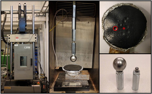 Figure 4. The indentation experimental setup including the environmental chamber, as well as the indented mortar sample and different spherical indenters used.