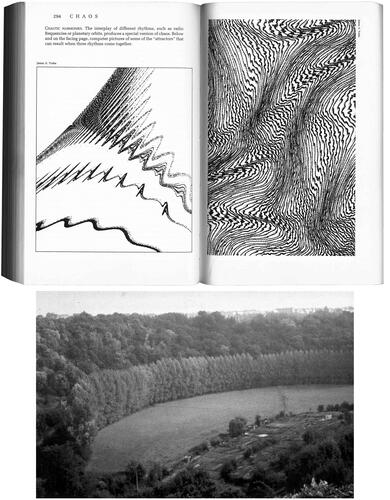 Figure 5. Anne Whiston Spirn (Citation1988) used drawings (top) of patterns from chaotic dynamics, which result when several rhythms interact, produced by James A. Yorke (Gleick, Citation1987, pp. 294–295) as an analogy of the formation of landscape patterns by the interplay of natural and cultural processes. In the photo (bottom) taken by Spirn, the arc of poplars reflects the meandering of the river, and the crazy quilt pattern of allotments is fashioned by individuals’ gardening.