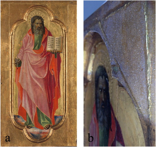 Figure 3. (a) Tempera on panel (pendant) of Two evangelists, SK-A-3980, Gherardo Starnina, c.1407 before exposure in the showcase. (b) Detail of the same object in raking light after exposure in the showcase, showing the crystalline deposit on the gold leaf in the upper right corner. Crystals in b were identified as type K5.