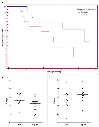 Figure 4. Association between the change in regulatory T cell (Treg) frequency in peripheral blood mononuclear cells (PBMCs) after FOLFIRI therapy and overall survival (OS) in patients with colorectal cancer. Patients were categorized based on any decrease or increase in Treg frequency after 30 d of FOLFIRI therapy. (A) A Kaplan–Meier curve is shown for these two groups and the association with OS. The median OS for patients with decreased Tregs after 30 d treatment was 43.3 mo, and for patients with increased Tregs after treatment, OS was 23.3 mo (p = 0.036, n = 23). The change in Treg frequency was found to be an independent predictive variable for OS by stepwise multiple regression analysis. (B) The median decrease in Treg frequency was −26%. (C) The median increase in Treg frequency was +23%.