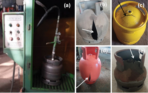 Figure 4. Shows the burst testing technique (a) and position of crack relative to welded region in the LPG-C1-LPG-C5 ((b)-(e)).