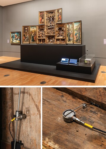 Figure 3. Gallery display of the retable with AE monitoring installed (top) with customised sensor mounts for the back of the retable (bottom left) and the back of a sculpture carved in high relief (bottom right).