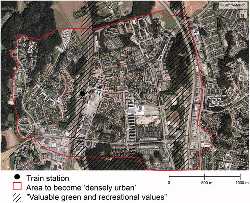 Figure 1. Central Upplands väsby, showing the area demarcated as “densely urban” in the comprehensive plan and the location of two areas containing “valuable green and recreational values.” Aerial photo from lantmäteriet ©, modified by the author.