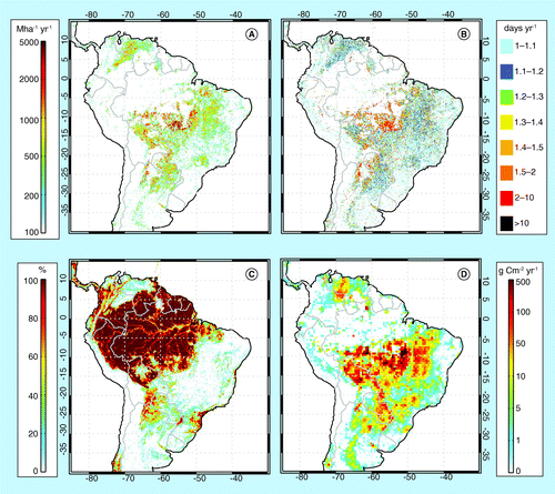 Figure 3.  Estimates from the Terra Moderate resolution Imaging Spectroradiometer active fire location product for the 2001–2012 period. (A) Mean annual active fire density (Mha-1 yr-1) and (B) fire persistence (days yr-1). (C) Forest cover fraction in 2001 and (D) Global Fire Emissions Database version 3 annual mean fire emissions during 2001–2011 are also shown. All data are shown at a 0.05° spatial resolution with the exception of Global Fire Emissions Database version 3 emissions shown at a 0.5° resolution.