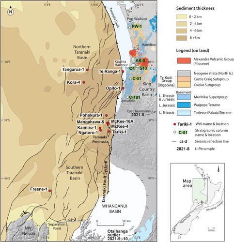 Figure. 1. Map of central-western North Island, showing present-day Taranaki Basin structure and depth to basement modified from NZPM (Citation2014, p. 21). The drill holes shown as red circles in Taranaki Basin are those that were sampled in this study. The white circles on land in northern King Country and Waikato regions with labels locate stratigraphic sections through parts of the Te Kuiti Group (Kamp et al. Citation2008) also sampled in this study. Inset, the modern Australia-Pacific plate boundary through New Zealand.