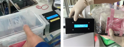 Figure 5 A breast specimen container is scanned by the sensor reader at the OR (left picture), and again by the pathology laboratory (right picture).