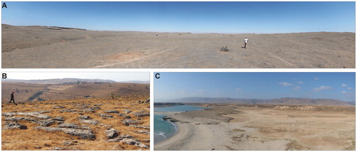 Figure 1. (A) General view of the top of the northern sector of the Jebel Qara. (B) General view (north to south) of the top of the central and southern sector of the Jebel Qara. (C) General view (south to north) of the eastern coastal plain and southern escarpment of the Jebel Qara.