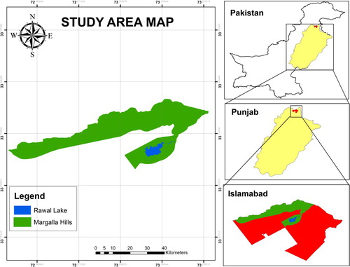 Figure 1. Study area map showing Margalla Hills National Park and Rawal Lake.