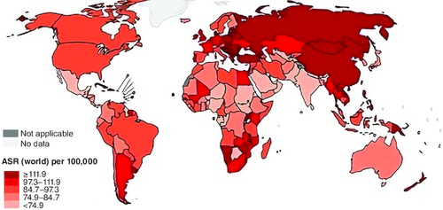 Figure 1. Estimated colorectum age-mortality worldwide rates in 2020.Reproduced from http://gobocan.iarc.fr.