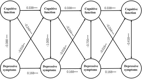 Figure 2 Latent variable cross-lagged panel model of the reciprocal relationship between depressive symptoms and cognitive function. Parcels of cognitive function, overtime correlations between parcel-specific residuals, fixed residual variances of depressive symptoms and control variables are not shown to enhance clarity. Unstandardized regression coefficients are presented. ***p < 0.001, **p < 0.01.