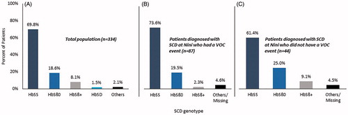 Figure 1. Sickle cell disease genotypes in (A) the total population, (B) the subset of patients diagnosed with sickle cell disease at the Nini Hospital with a VOC event, and (C) the subset of patients diagnosed with sickle cell disease at the Nini Hospital without a VOC event. HbSS: homozygous Hb S; HbSβ0: Hb S/β0-thal; HbSβ+: Hb S/β+-thal: HbSD: Hb S/Hb D-Punjab; SCD: sickle cell disease; VOC: vaso-occlusive crisis.