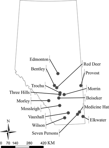 Fig. 1. Map of Alberta, Canada, with localities sampled for Pyrenophora tritici-repentis indicated.