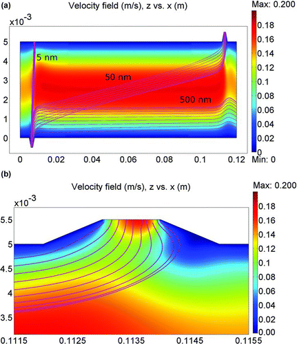 FIG. 3 (a) Trajectories are shown for 5, 50, and 500 nm singularly charged aerosol particles in the air velocity field of the planar DMA at P = 101,325 Pa, T = 20°C. The separation chamber height is 5 mm and the width is 40 mm. The cross-section at y = 0.02 m is shown. The sheath flow rate Q sh is 1.8 l/min, the aerosol flow rate Q a is 0.2 l/min, and the voltage difference across the DMA electrodes is 220 V. Particles are introduced from the bottom left. Under these conditions it can be seen that the 50 nm particles are selected and sent to the outlet while particles smaller or larger are lost to the opposite electrode or sheath flow, respectively. The velocity is coded according to the scale bar on the right in m/s. The vertical scale (z) and the horizontal scale (x) are in meters. (b) The same as in (a) but magnified at the aerosol outlet.
