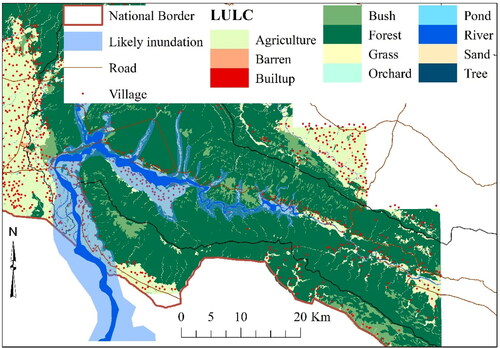 Figure 10. Frequently inundated area superimposed over land use land cover (LULC) of the West Rapti River basin and locations of settlements.