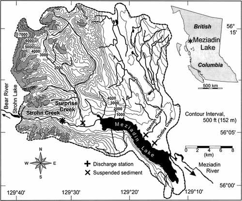 FIGURE 1. Meziadin Lake (34 km2, 244 m above sea level) and its drainage basin (530 km2). The largest inflow of water comes from the Strohn Creek drainage, including its tributary Surprise Creek (230 km2, of which 50.5 km2 [22%] is glacier covered [gray shading on map]). Inset map of British Columbia indicates the location of the lake