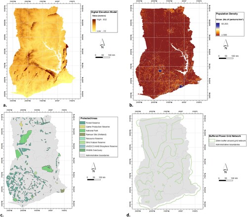 Figure 3. Geospatial data inputs for the land suitability analysis: a. Elevation map; b. Population density map; c. restricted areas; d 20 km buffer distance around grid network.