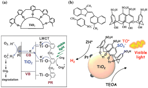 Figure 6. Phenol–anchored polymer/oligomer structure and TiO2 composite systems for photocatalytic hydrogen production. (a) A hybrid system of TiO2 and phenolic resin acting as a visible-light sensitizer. LMCT: ligand to metal charge transfer. PR: phenolic resin. Reprinted from Ref. [Citation90] with permission from The Royal Society of Chemistry. (b) Photocatalyst–calixarene–cationic dye three-component system. Reprinted with permission from Ref. [Citation91]. Copyright 2013 John Wiley & Sons.