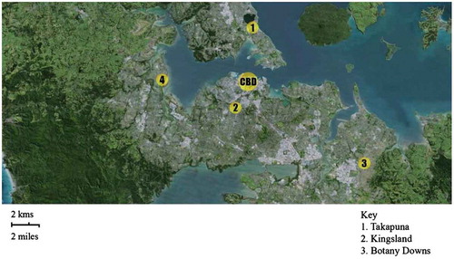 Figure 1. The locations of the four case study neighbourhoods in Auckland, New Zealand