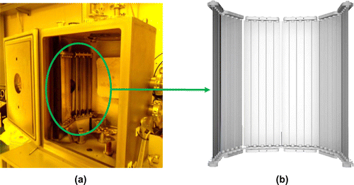 Figure 1. (a) A prototypal PMD installed in a vacuum chamber. (b) CAD model of the PMD system.