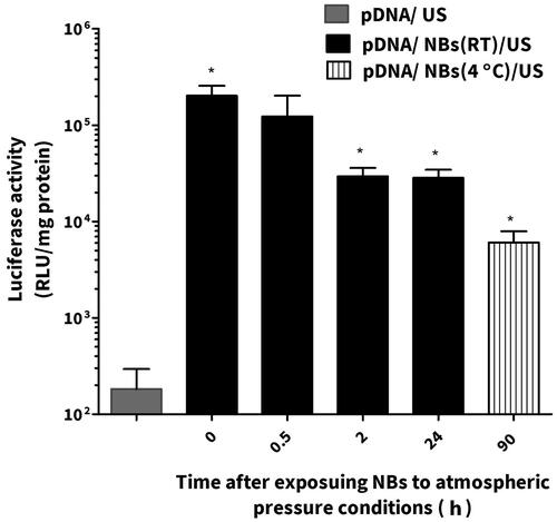 Figure 8. The effect of nanobubble (NB) stability on the in vivo gene expression. Each bar represents the mean ± SEM of 3–5 experiments. *p < 0.05 versus the corresponding group of pDNA/US.