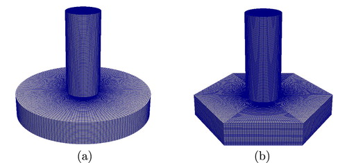 Figure 3. Geometries and meshes of the structures. (a) Foundation with cylindrical slab and (b) Foundation with hexagonal prismatic slab.