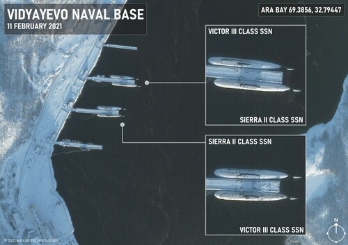 Figure 5: Victor III-Class and Sierra II-Class Submarines at Vidyayevo Naval Base, 11 February 2021Source: Maxar Technologies and authors'
