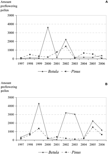 Figure 5 The measured amounts(sum of daily average pollen counts in m3 of air) of airborne Pinus (A) and Betula (B) pollen before the observed start of the Pinus and Betula male flowering in Kevo, and Pinus male flowering and Betula bud burst at Muhos 1997–2006.