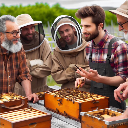 Figure 1. AI-generated pictures from Bing Image Creator showing how beekeeping advising is depicted by an AI. It is based on the following prompts: ‘a photo of a beekeeping advisor giving advice to a group of beekeepers in Europe’.