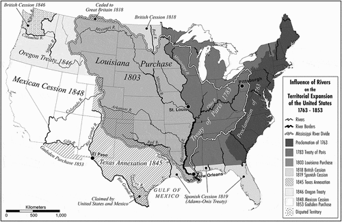 FIGURE 17 Rivers and their topographic watershed divides strongly influenced the territorial expansion of the conterminous United States (1763–1853) (Smith Citation2020). These natural geographical features were often used by colonial powers as convenient cadastral instruments to claim and negotiate poorly charted territory. The legacy of this practice is reflected globally today in political borders at national, state, and local scales (Popelka and Smith Citation2020; Smith Citation2020). [Territory].