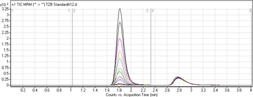 Figure 4 Overlayed MRM chromatograms of TZB calibration levels.