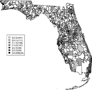 Figure 3. The estimated relative risk from the SPC model at each zip code area.