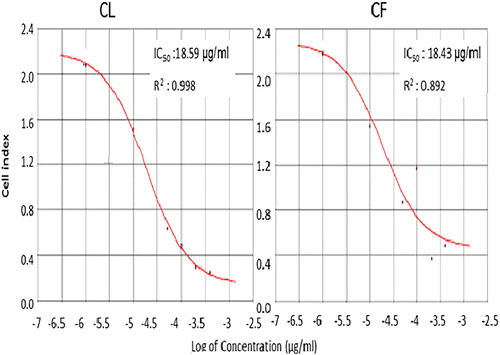 Figure 6. Dose-response curve of MCF-7cell line and IC50 level at 24 h of leaf (CL) and flower (CF) extracts from C. citrinus.
