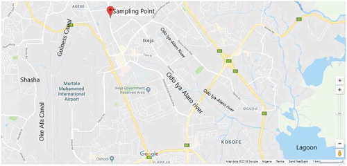 Figure 1. Map of area showing sampling location, and the landscape drainage into Lagos Lagoon (edited open source Google Map).