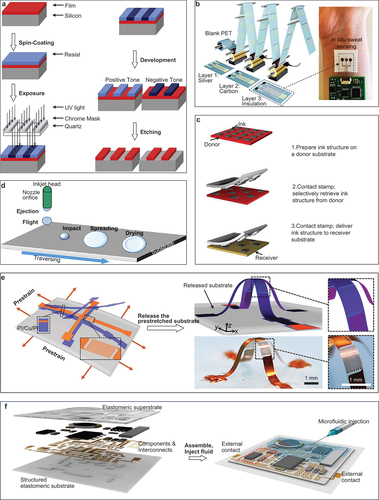 Figure 2. Schematic illustration of representative fabrication process for flexible electronic devices. (a) Photolithography process. Adapted with permission. Copyright 2016, Elsevier BV [Citation49]. (b) roll-to-roll printing. Reproduced with permission. Copyright 2018, American chemical Society [Citation50]. (c) deterministic assembly. Adapted with permission. Copyright 2021, Wiley-VCH Verlag [Citation51]. (d) inkjet printing process. Adapted with permission. Copyright 2018, American chemical Society [Citation52]. (e) mechanically guided 3D assembly of a resistive vibration sensor. Adapted with permission. Copyright 2021, Wiley-VCH Verlag [Citation42]. (f) encapsulation of a flexible microfluidic electronic system. Adapted with permission. Copyright 2014, American Association for the Advancement of Science [Citation53].