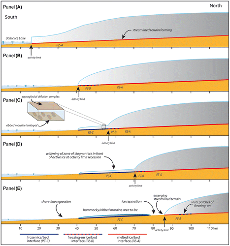 Figure 10. A conceptual model of ice dynamic and palaeoenvironmental change, with emphasis on spatial and temporal changes at the ice–bed interface as an explanatory tool for landscape evolution for the broad E–W-trending zone of hummocky and ribbed moraine across south Småland and the streamlined terrain north thereof. For an in-depth discussion of the processes, see Möller (Citation2010) and Möller & Dowling (Citation2015). Panel explanation: Panel A. – Wet-bedded conditions during deglaciation all the way to the ice margin (process zone A; PZ-A), the latter situated in a subaqueous position with ablation as calving into the Baltic Ice Lake in the south. Panel B. – The hummocky and ribbed moraine area, starting just above the highest shoreline, suggests a major and regional shift in the basal thermal regime from wet-based to freezing-on conditions (process zone B; PZ-B) in a frontal zone of the ice sheet, a prerequisite for basal entrainment of glacial debris that is arranged in debris-charged zones transverse to the ice-flow and stress direction due to differential folding and thrusting and incremental stagnation. Panel C. – The marginal zone gradually turned into a frozen-bed zone with the ice–bed interface below the pressure melting point and no basal sliding (process zone C; PZ-C). In this stage, PZ-B formed an intermediate zone to PZ-A, propagating backwards, that is, in the proximal direction to the ice flow, building a polythermal ice margin. The distal boundary of PZ-B coincides with what we define as the “activity limit” (Lagerlund et al. Citation1983), which is the most distal boundary of basal activity along the ice–bed interface at a given time. Localised compressive flow within PZ-B is suggested to have led to enhanced folding and thrusting of debris-rich ice and zonal thickening (density zonation), more or less transverse to the stress directions, eventually leading to the formation of ribbed moraine “embryos”. These could later, after incremental stagnation, melt out in situ, forming “Åsnen-type” ribbed moraine (Möller, Citation2010) (see below). Panel D. – With continued recession of PZ-B, the ice surface was lowered due to surface ablation until debris-rich ice was encountered; as debris melted out, a protective cover [supraglacial ablation complex; e.g., Shaw (Citation1979)] formed, causing a drastic slowdown of further melting. The combination of lowering of the ice surface and recession of the PZ-A/PZ-B boundaries led to a successively larger area of stagnant, debris-charged ice with ice below the pressure-melting point (PZ-C) in front of the receding activity limit. Panel E. – During the final melting of the stagnant-ice zone was an in situ melt-out of the ribbed moraine “embryos”. Their survival as melt-out till ridges was highly dependent on the release and redistribution styles (or the absence of the latter) of sediment from the stagnant ice. Reprint of Figure 20 in Möller & Dowling (Citation2015).