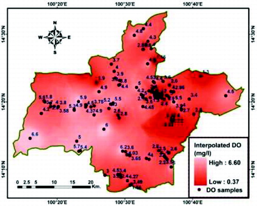 Figure 6. The spatial distribution of dissolved oxygen (DO) estimated from 186 flood-water samples based on inverse distance weighting (IDW).