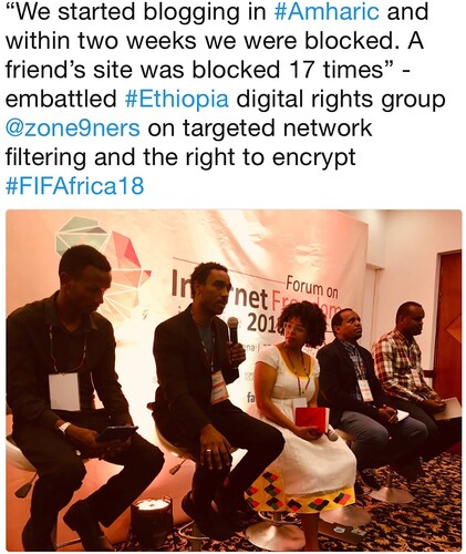 Figure 8. Tweet of Ethiopian digital activists, including Zone9 Bloggers, speaking at the Forum on Internet Freedom, 2018.