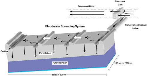 Fig. 3 Schematic representation of a three-basin floodwater spreading system. The length of each basin and consequently the entire system depends on the surface slope (steeper slope means smaller length and smaller slope means larger length).