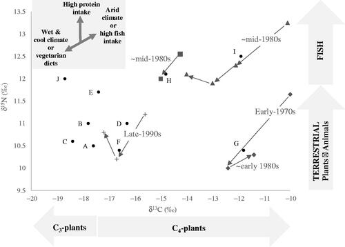 Figure 1. Biplot of bulk δ15N and δ13C for the 10 M3, including values during various consecutive phases of M3 formation for individuals with indications of major dietary and/or environmental shifts.